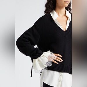 Cinq à Sept Atlas Santina Mix Media Sweater in Black/Ivory Oversized Fit Sz Med